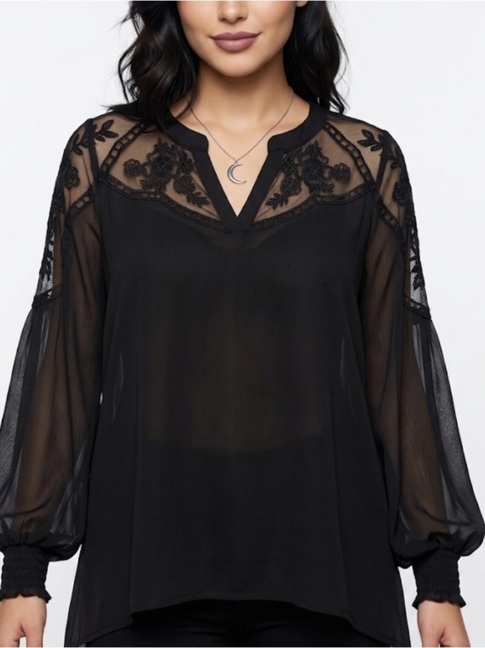 Black Sheer Lace Yoke Puffed Long Sleeve Blouse Witchy Whimsy Goth Boho Blouse L